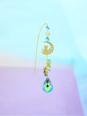 Gold Cat Moon Crystal Drop Pendant Suncatcher